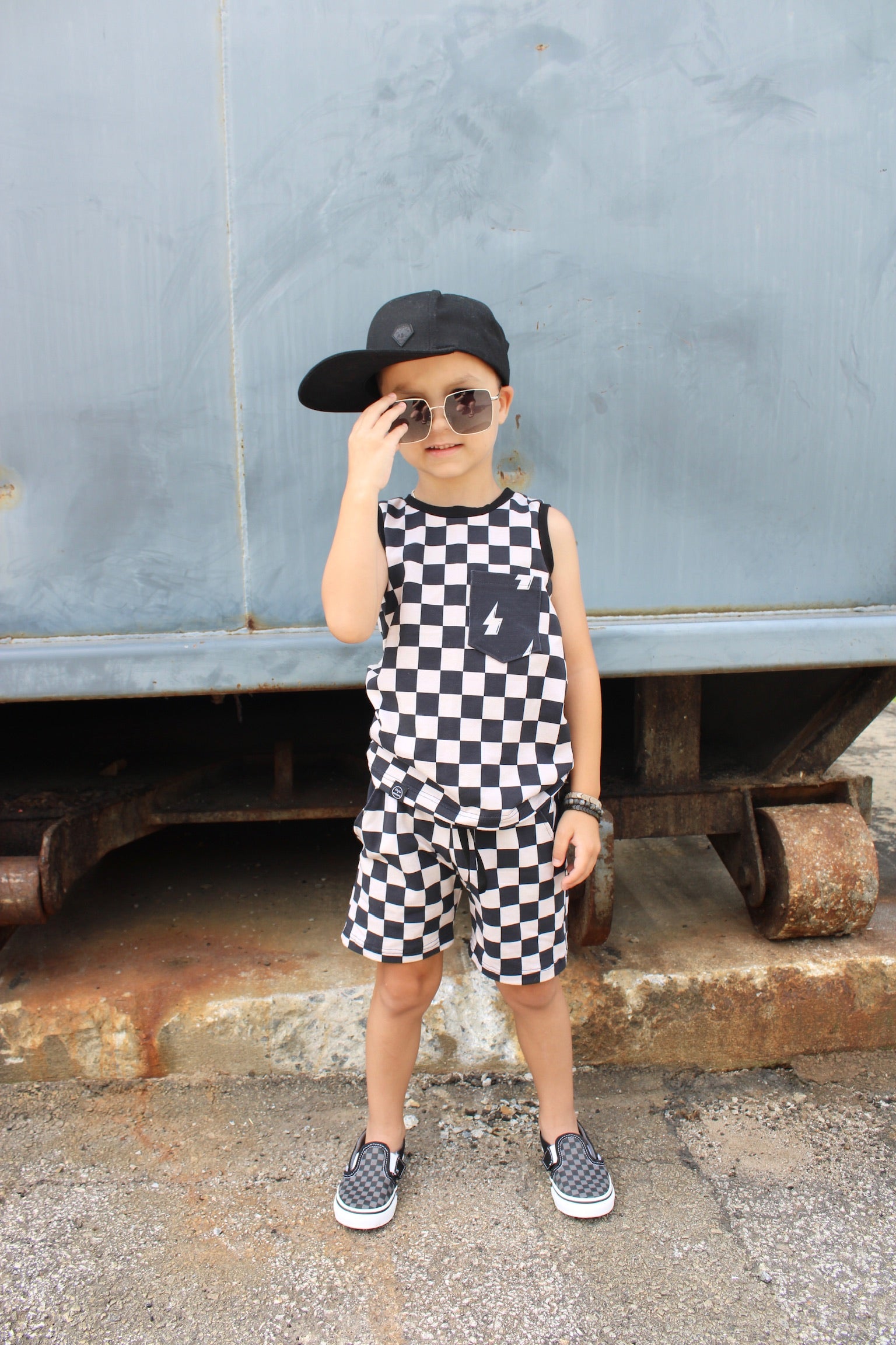 Tank Top - Tan/Black Checks with Bolt Pocket