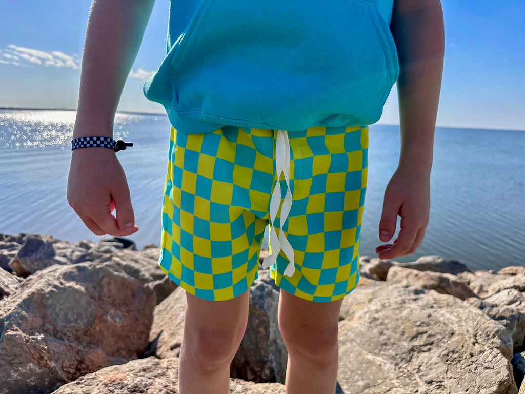 Neon Blue/Yellow Swim Trunks