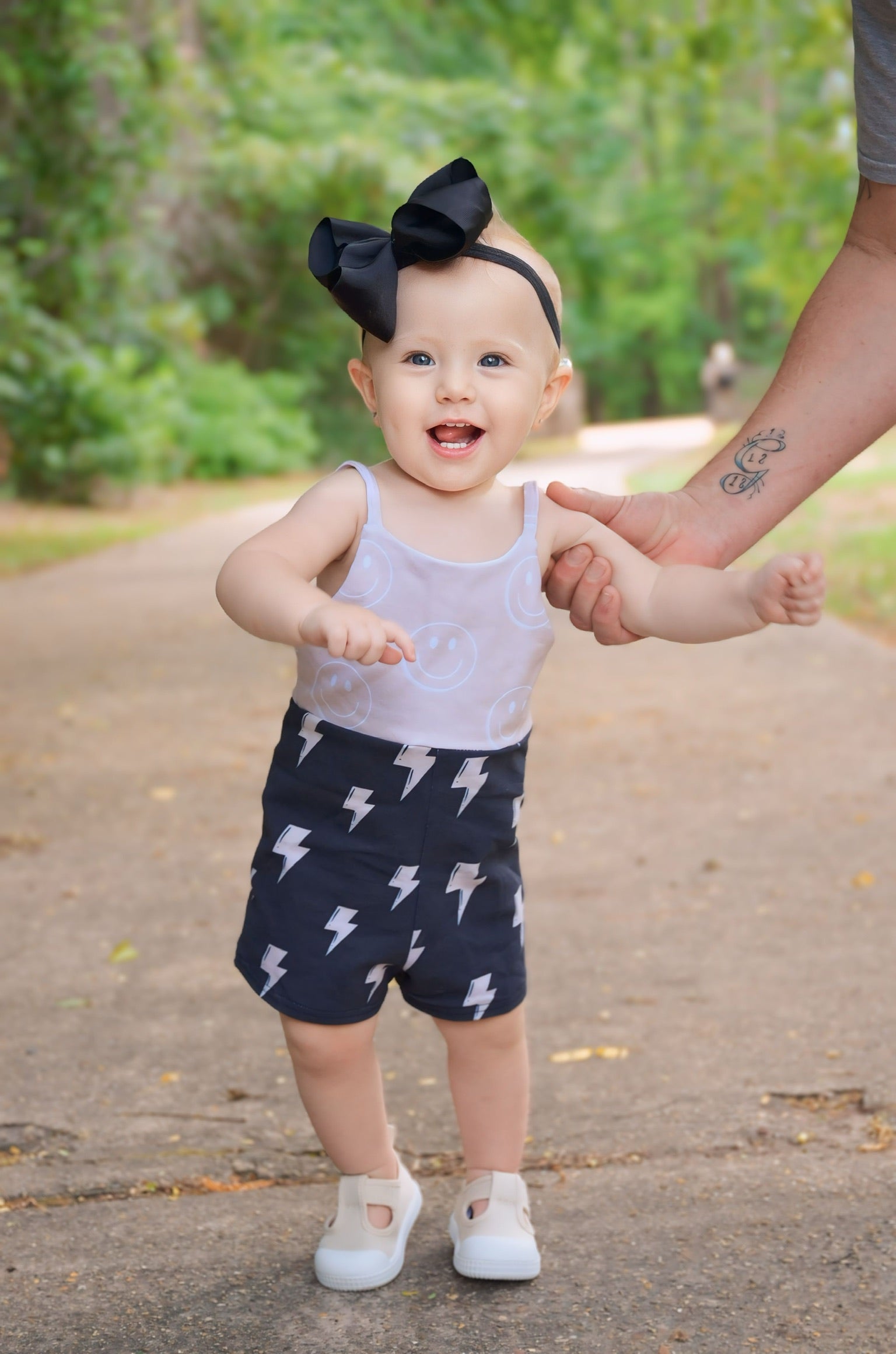 One Piece Shorts Romper - Lightning Bolts and Smileys