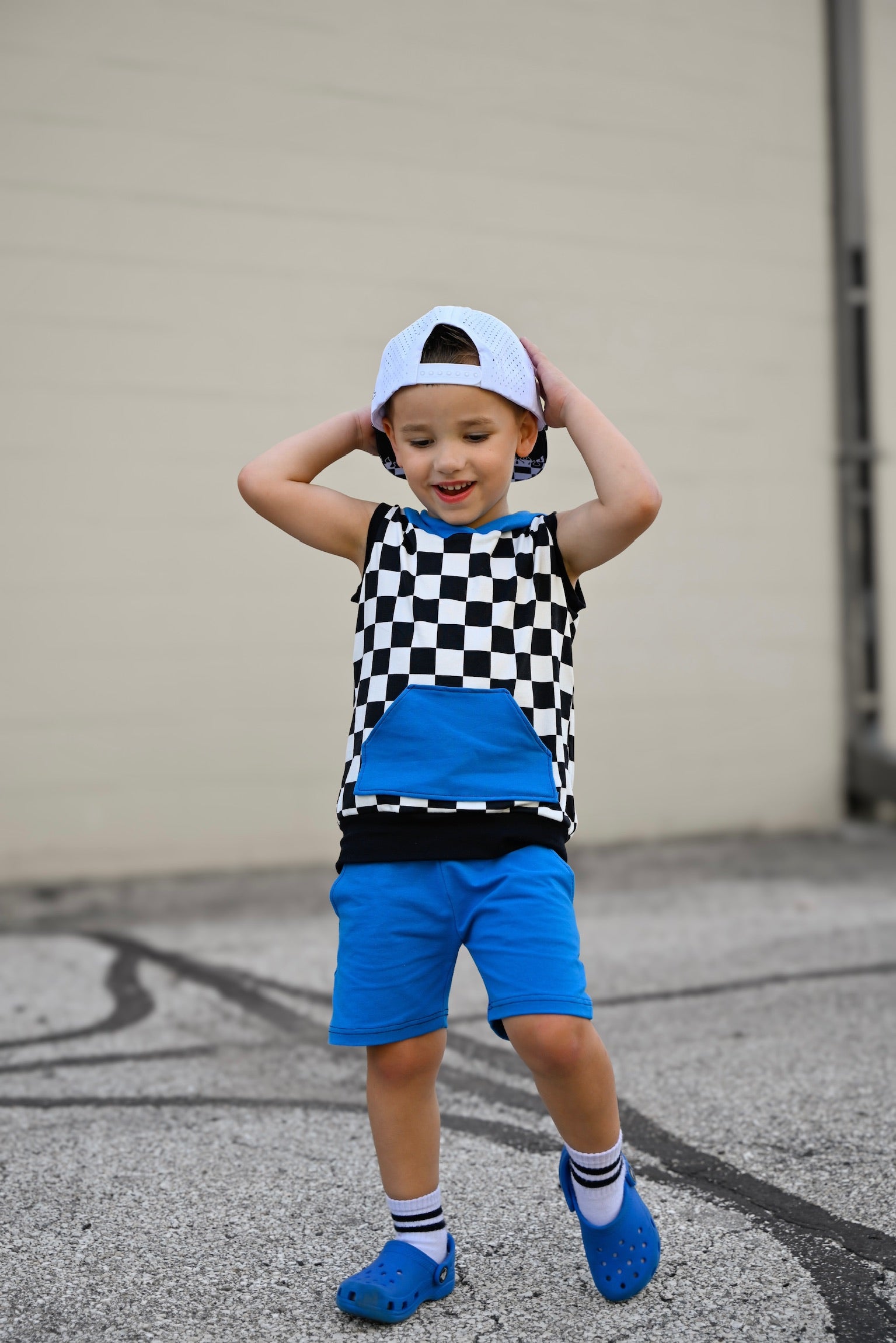 Checkered Hooded Tank - Blue